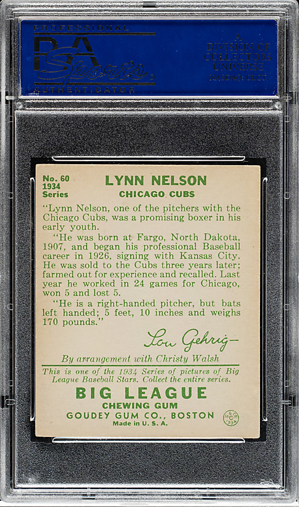 1934 R320 Goudey #60 Lynn Nelson PSA EX-MT 6