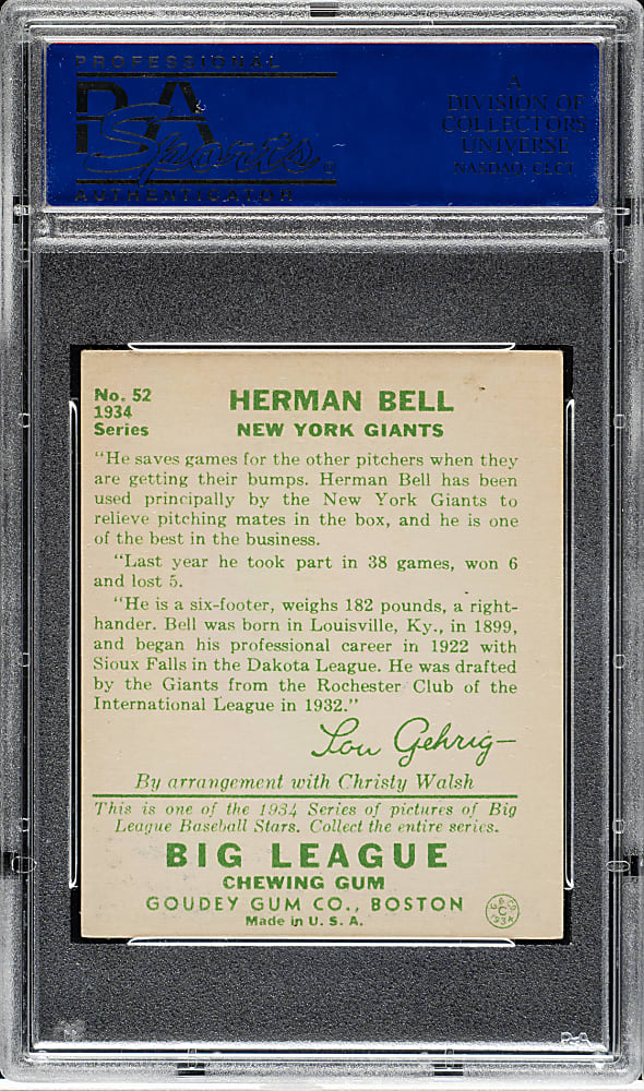 1934 R320 Goudey #52 Herman Bell PSA EX-MT 6