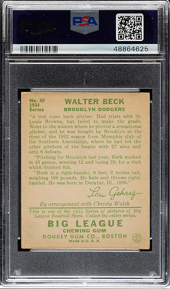 1934 R320 Goudey #50 Walter Beck PSA EX-MT 6
