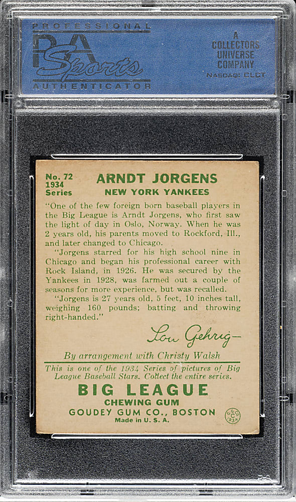 1934 R320 Goudey #72 Arndt Jorgens PSA EX 5