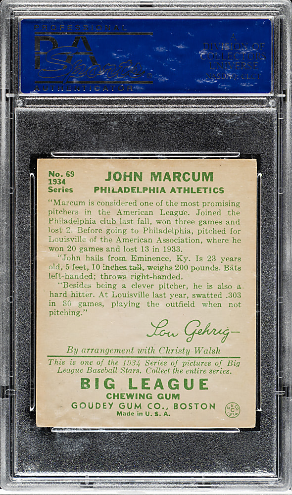 1934 R320 Goudey #69 John Marcum PSA EX-MT 6