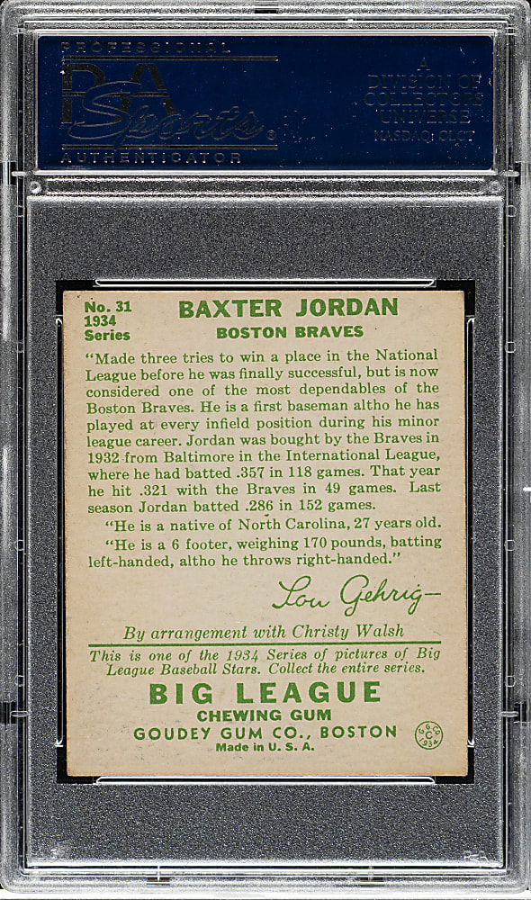 1934 R320 Goudey #31 Baxter Jordan PSA EX-MT 6