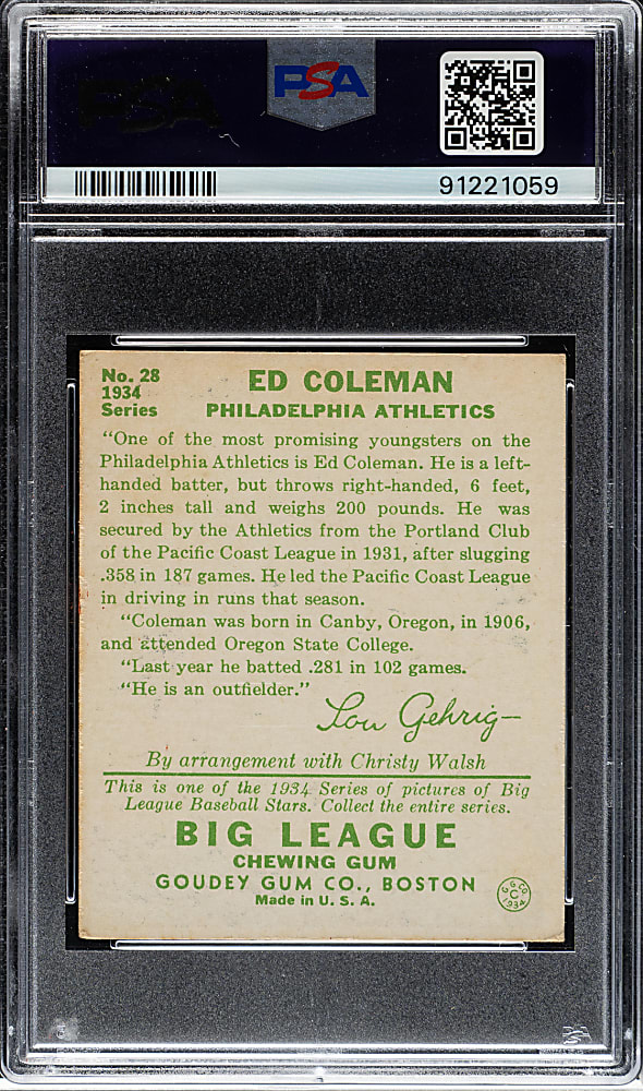 1934 R320 Goudey #28 Ed Coleman PSA EX 5