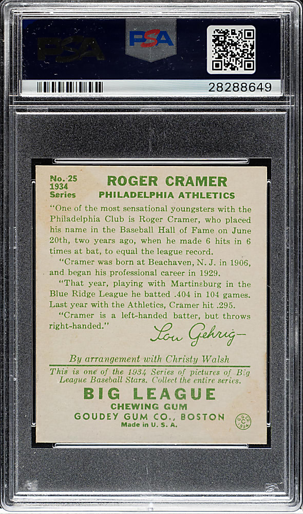 1934 R320 Goudey #25 Roger Cramer PSA EX-MT 6