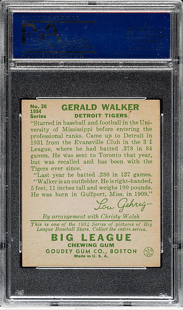 1934 R320 Goudey #26 Gerald Walker PSA EX-MT 6