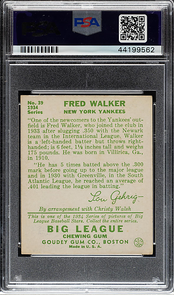 1934 R320 Goudey #39 Fred Walker PSA EX-MT 6