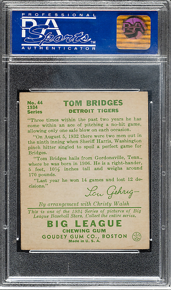 1934 R320 Goudey #44 Tom Bridges PSA EX-MT 6