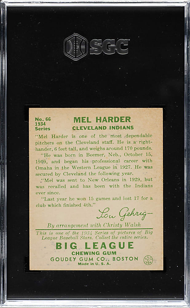 1934 R320 Goudey #66 Mel Harder SGC EX/NM 6