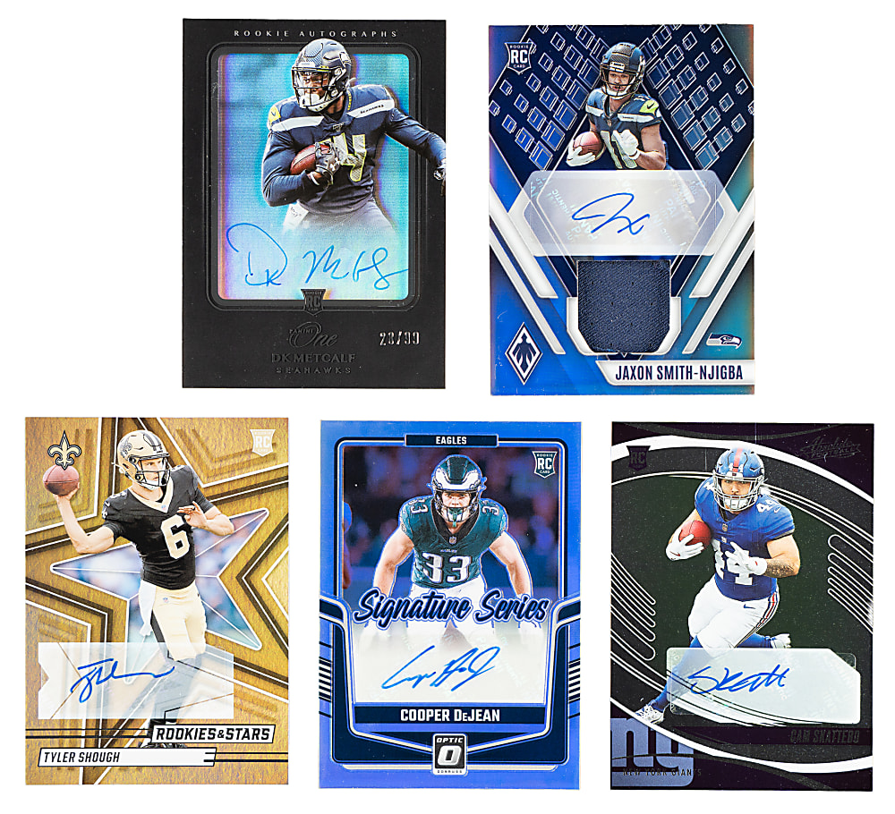 2019 to 2025 Panini Football Rookie Autograph Collection (5) Including Metcalf, Smith-Njigba, DeJean, Shough, and Skattebo
