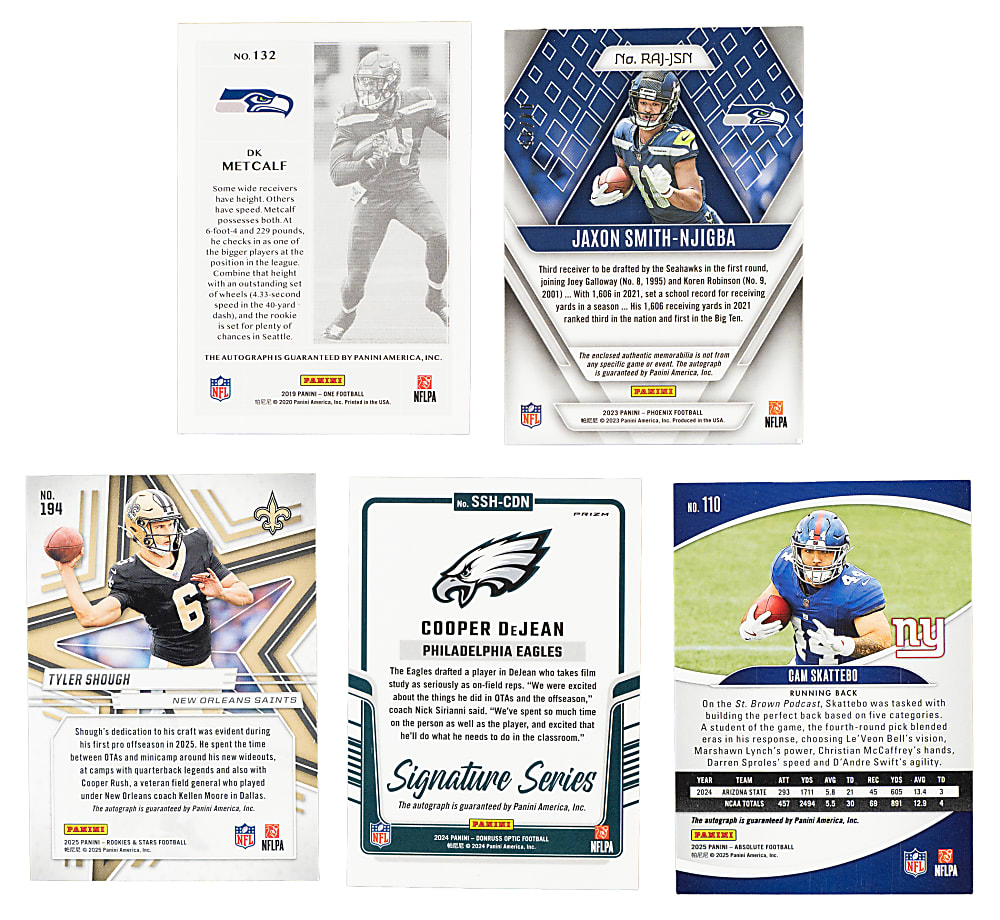 2019 to 2025 Panini Football Rookie Autograph Collection (5) Including Metcalf, Smith-Njigba, DeJean, Shough, and Skattebo