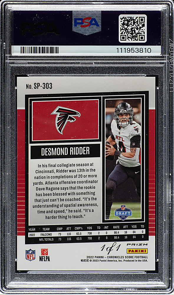 2022 Panini Chronicles Score Premium Rookies Gem Masters Football #SP-303 Desmond Ridder #1/1 PSA GEM MINT 10