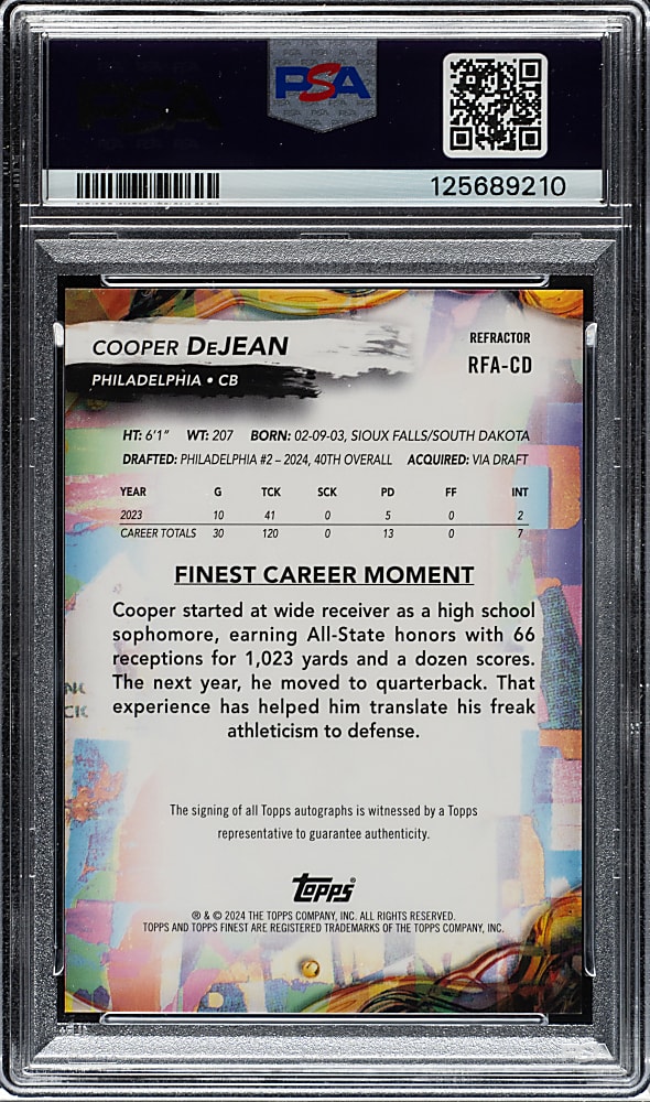 2024 Topps Finest Rookie Autographs Football #RFA-CD Cooper DeJean Refractor PSA GEM MINT 10