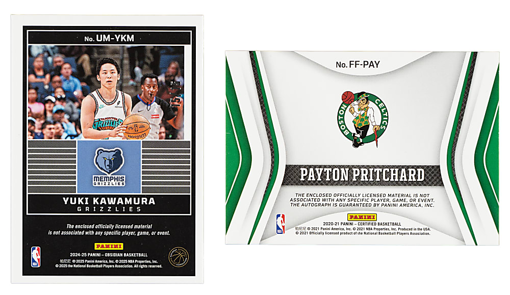 2020 and 2024 Panini Basketball Relic and Signature Payton Pritchard and Yuki Kawamura Pair - Serial Numbered to 99 and 15