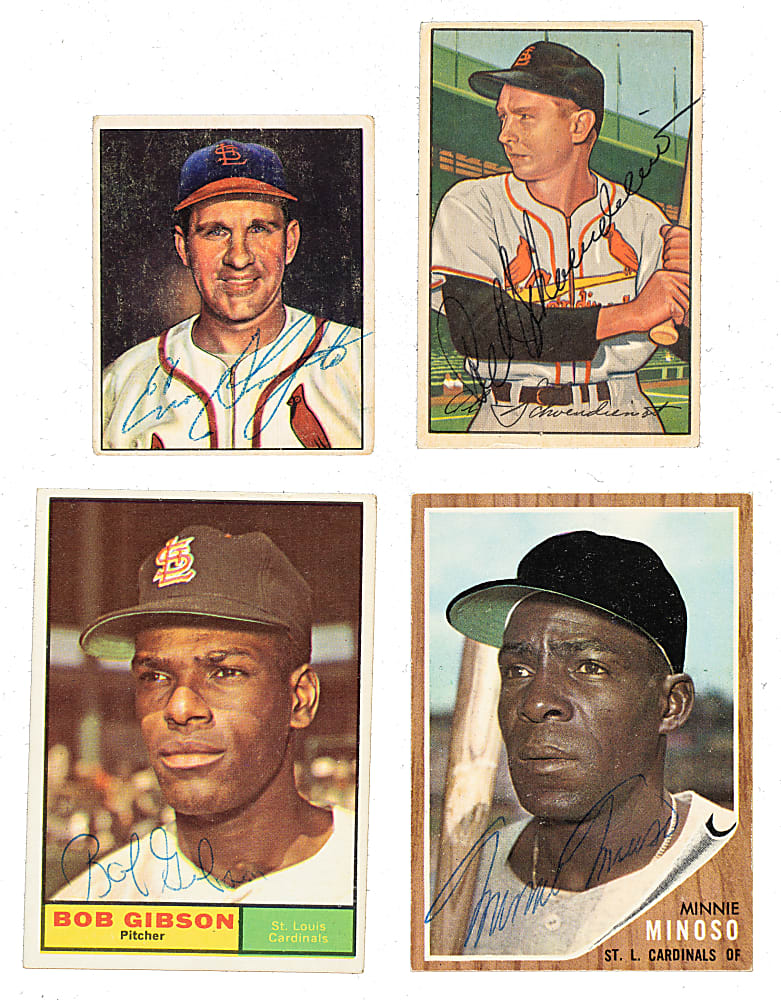 Signed 1950 to 1964 Topps and Bowman St. Louis Cardinals Collection (105) Including Minnie Minoso, Bob Gibson, and Enos Slaughter