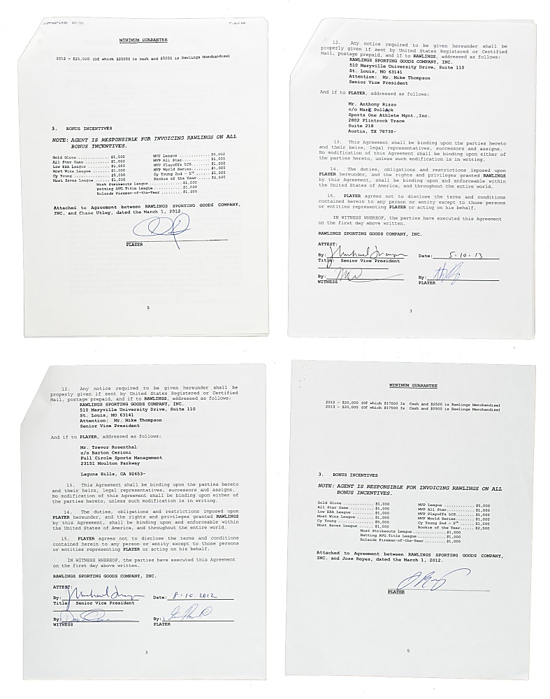 2012 Rawlings Signed Player Royalty Agreement Collection (4) Including Jose Reyes and Chase Utley