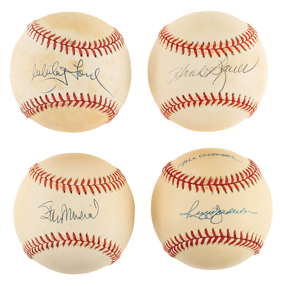 Hall of Fame and Star Single-Signed Baseball Collection (4) Including Musial, Ford, Jackson, and Bauer