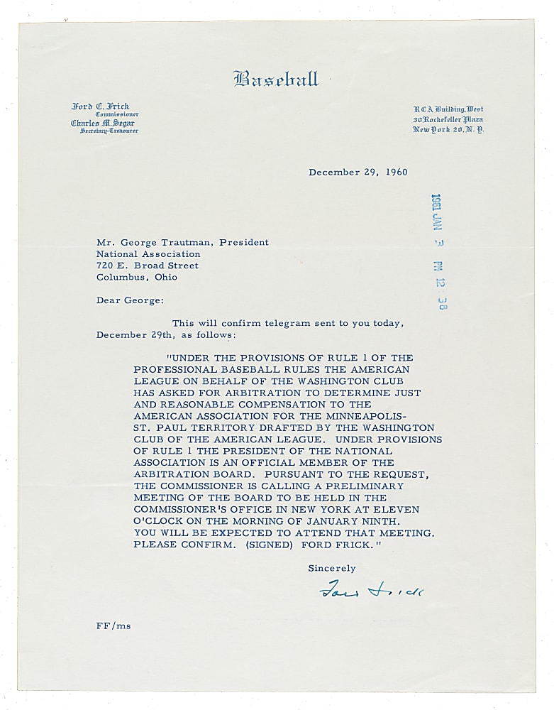 1960 Ford Frick Signed Letter - JSA