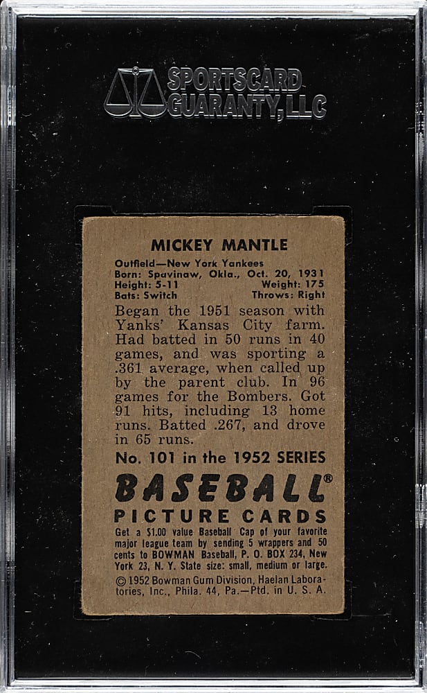 1952 Bowman #101 Mickey Mantle SGC VG 3