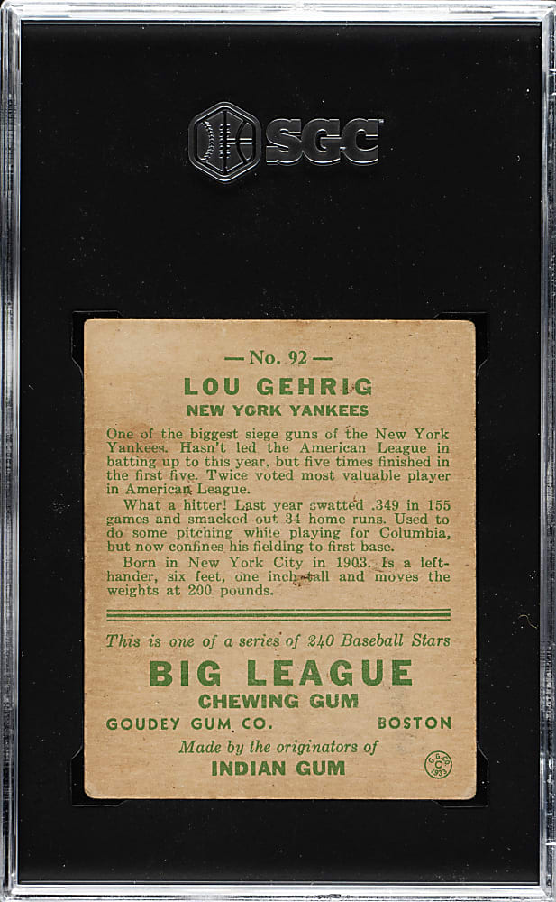 1933 R319 Goudey #92 Lou Gehrig SGC FAIR 1.5