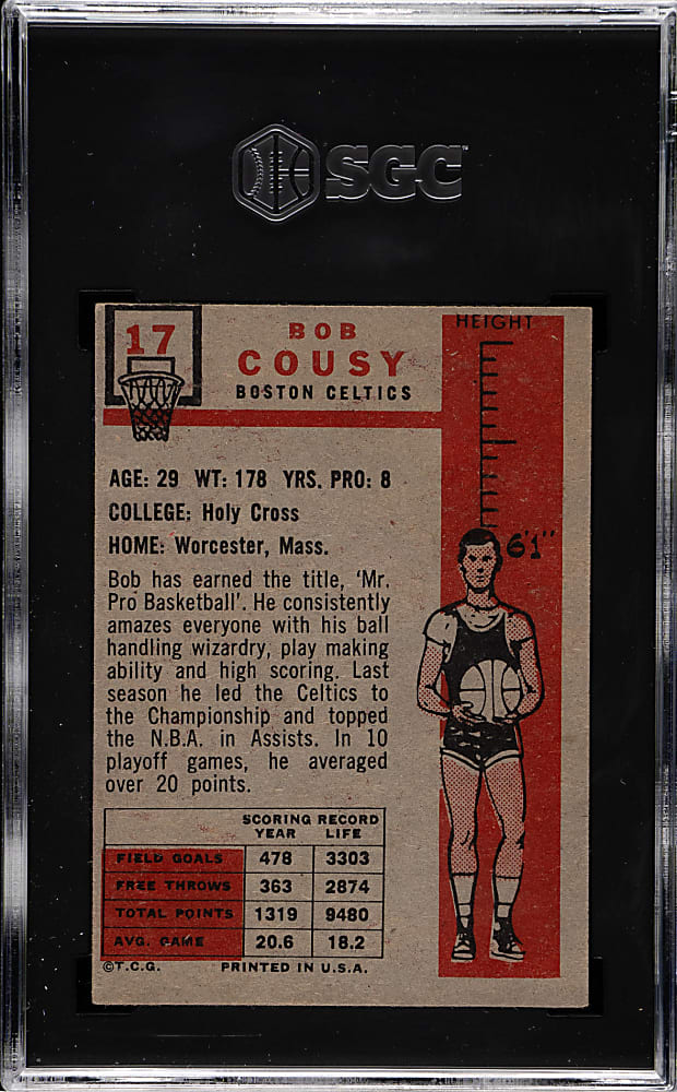 1957-1958 Topps Basketball #17 Bob Cousy Rookie SGC VG/EX 4