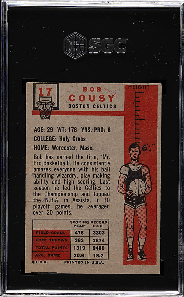 1957-1958 Topps Basketball #17 Bob Cousy Rookie SGC POOR 1