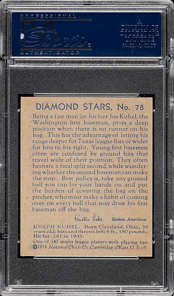 1934-1936 R327 Diamond Stars #78 Joe Kuhel (1936 Blue Back) PSA NM-MT 8