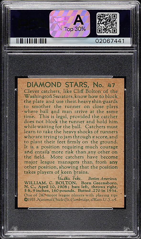 1934-1936 R327 Diamond Stars #47 Cliff Bolton  PSA NM-MT 8