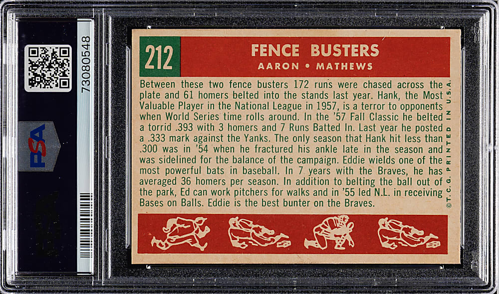 1959 Topps #212 Fence Busters with Hank Aaron and Eddie Mathews PSA NM-MT 8