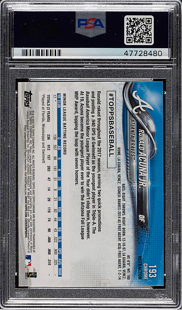 2018 Topps Chrome #193 Ronald Acuna Jr. Rookie Pink Refractor PSA GEM MINT 10