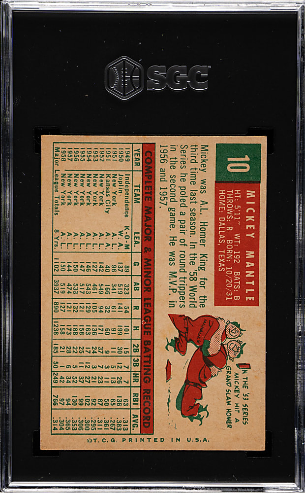1959 Topps #10 Mickey Mantle SGC VG 3