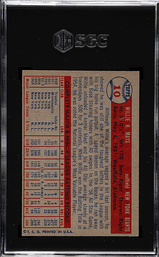 1957 Topps #10 Willie Mays SGC VG/EX 4