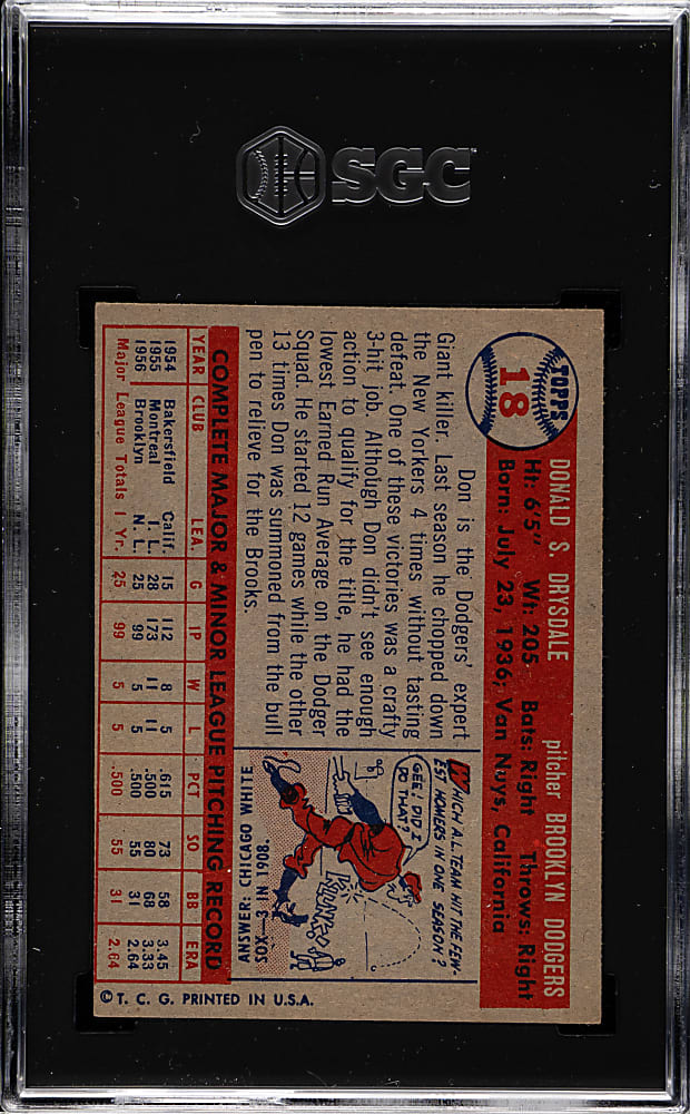 1957 Topps #18 Don Drysdale Rookie SGC EX/NM 6