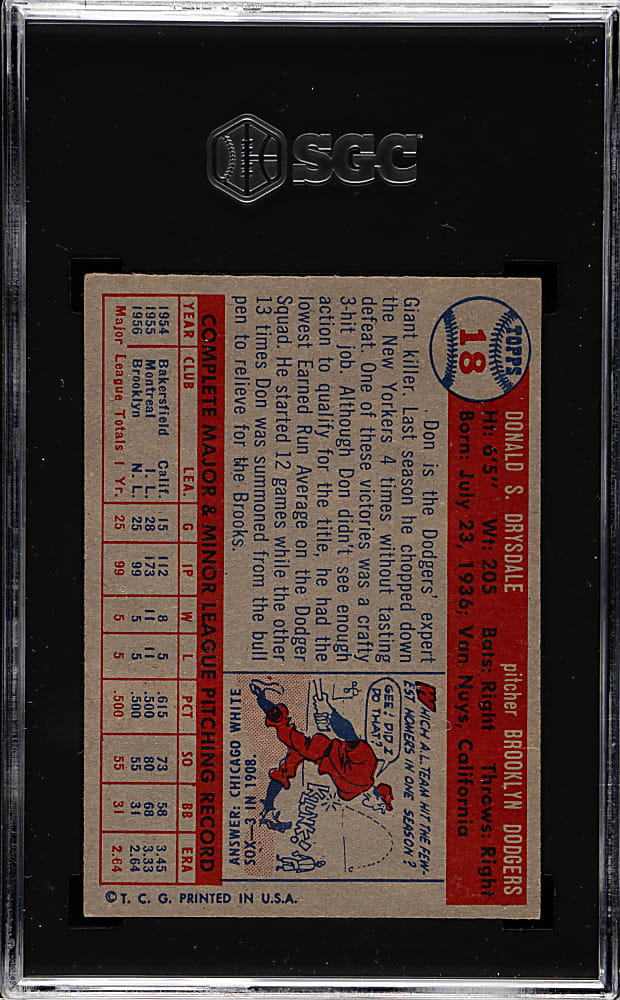 1957 Topps #18 Don Drysdale Rookie SGC VG/EX 4
