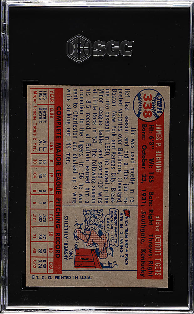 1957 Topps #338 Jim Bunning Rookie SGC EX/NM 6