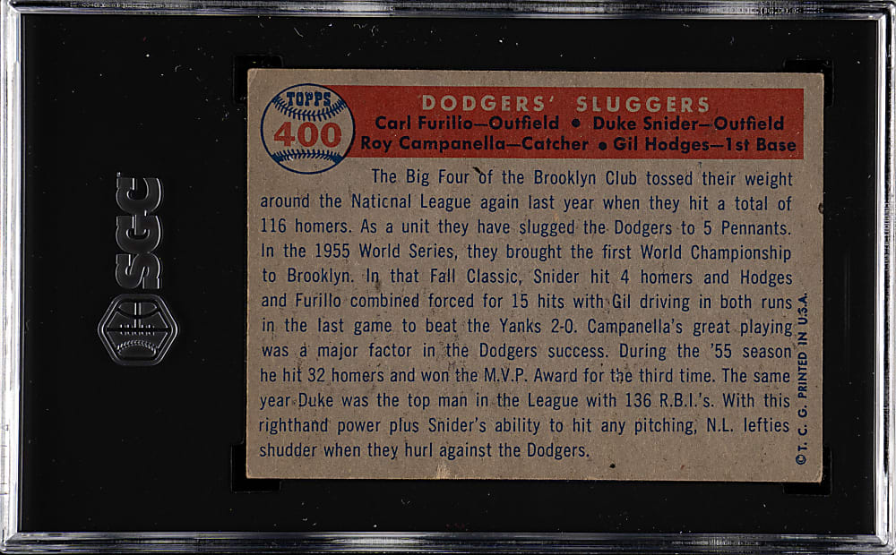 1957 Topps #400 Dodgers' Sluggers with Hodges, Campanella, and Snider SGC VG/EX 4