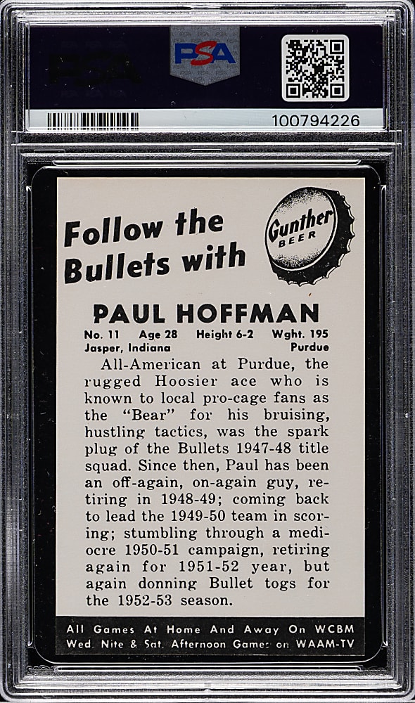 Signed 1954-1955 Gunther Beer Baltimore Bullets Basketball Paul Hoffman PSA VG-EX 4 with GEM MINT 10 Signature