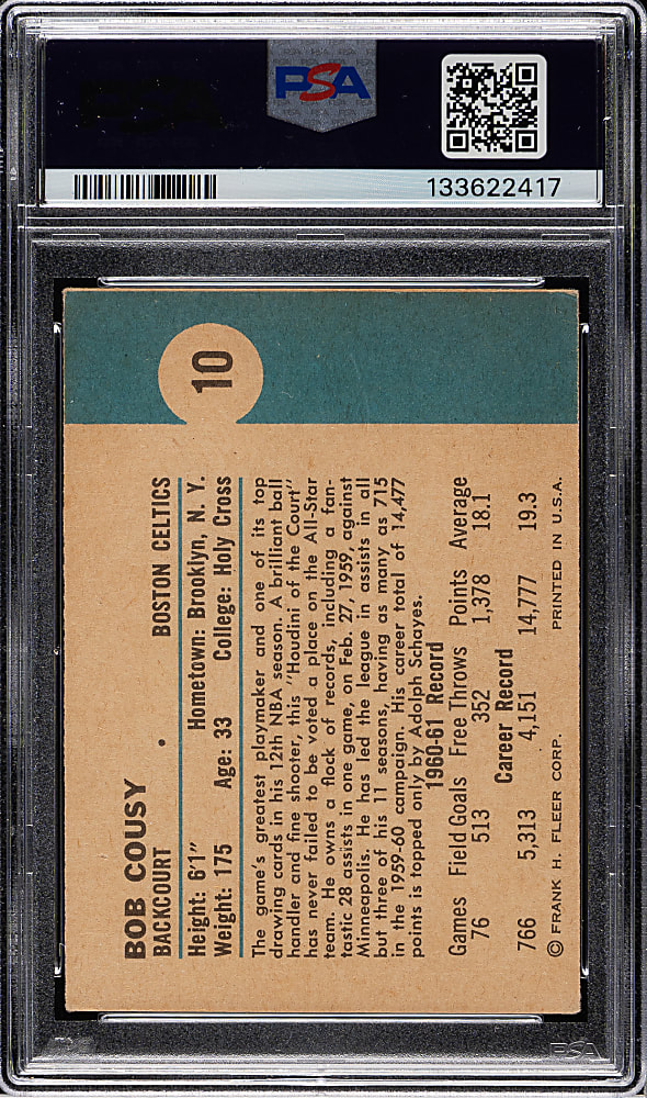 1961-1962 Fleer Basketball #10 Bob Cousy PSA VG-EX 4
