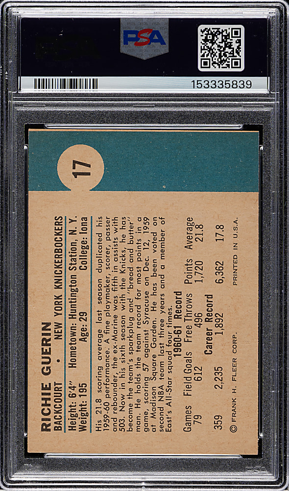 1961-1962 Fleer Basketball #17 Richie Guerin Rookie PSA NM-MT 8 (OC)