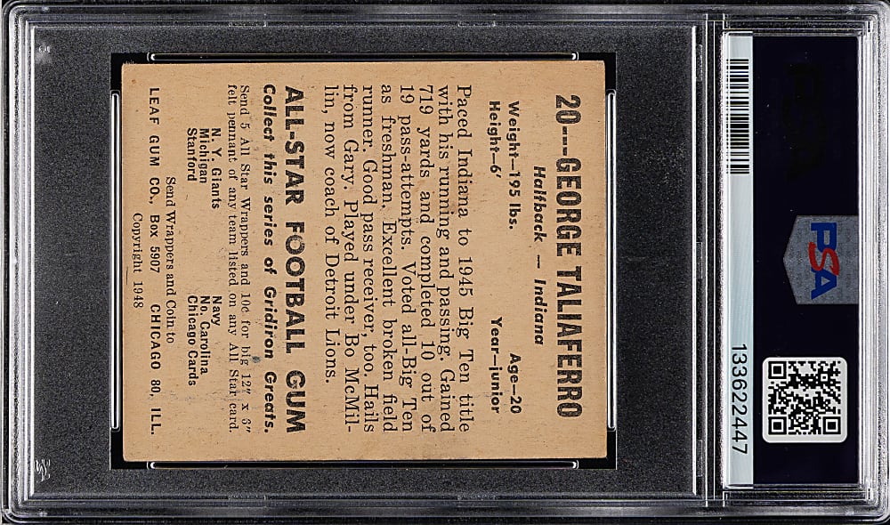 1948 Leaf Football #20 George Taliaferro Yellow Background PSA VG-EX 4