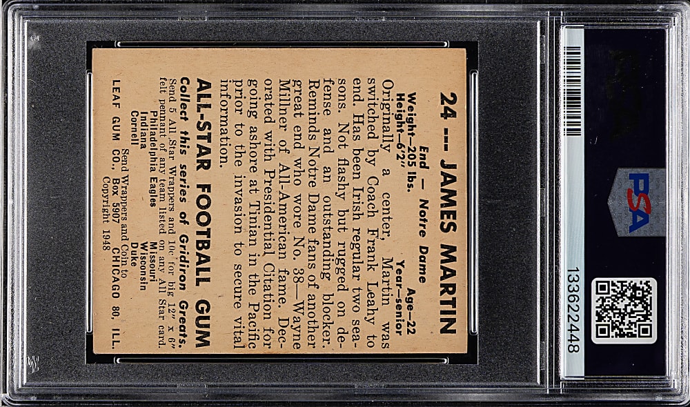 1948 Leaf Football #24 Jim Martin Dark Yellow Pants PSA NM 7