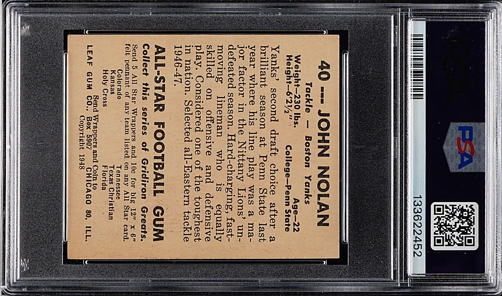 1948 Leaf Football #40 John Nolan Green Numbers PSA NM 7