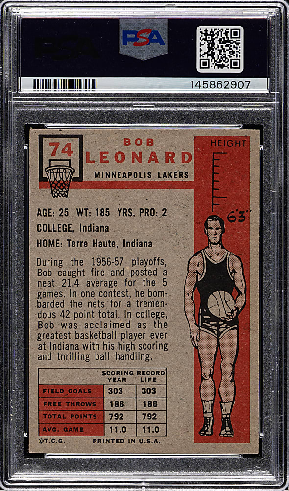 1957-1958 Topps Basketball #74 Bob Leonard Rookie PSA NM 7