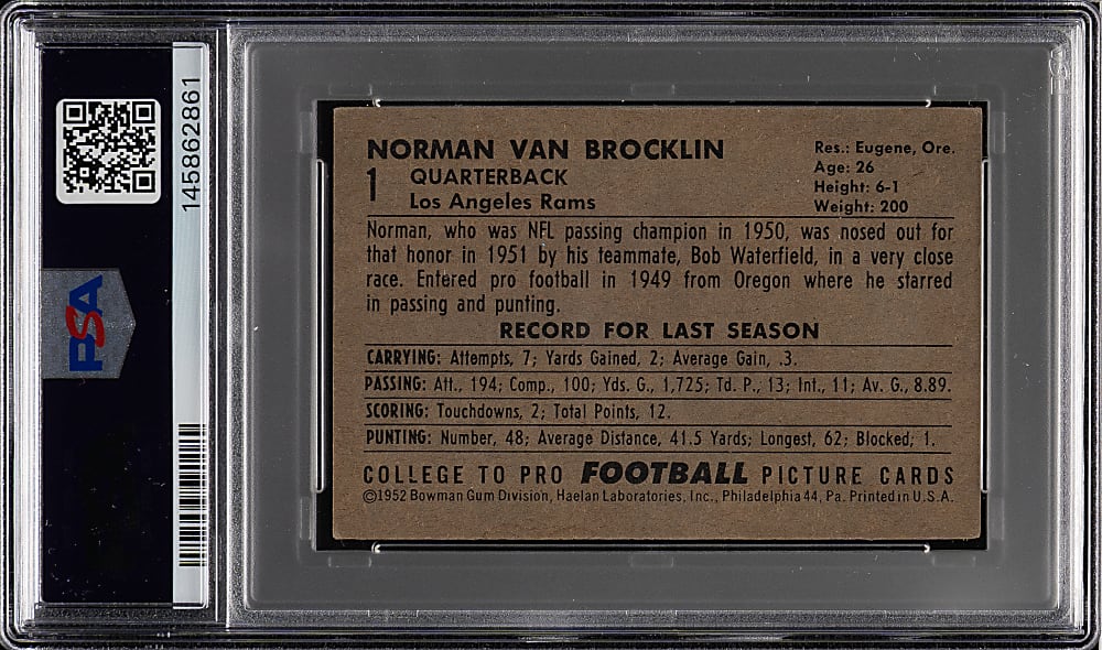 1952 Bowman Small Football #1 Norman Van Brocklin PSA VG-EX 4
