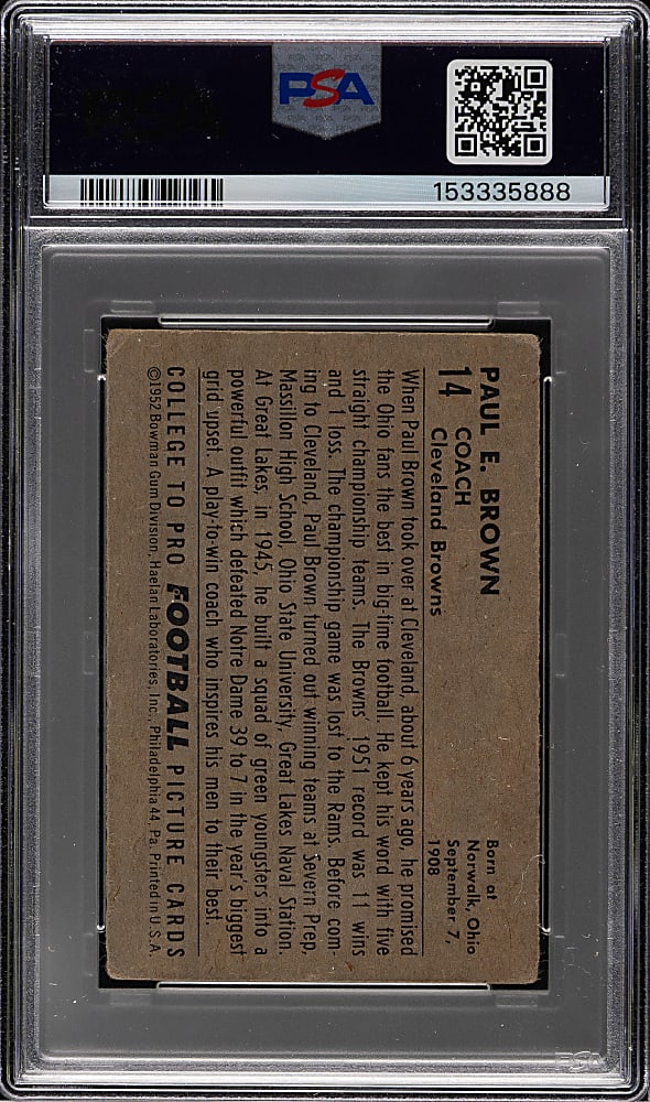 1952 Bowman Small Football #14 Paul Brown Rookie PSA GOOD 2