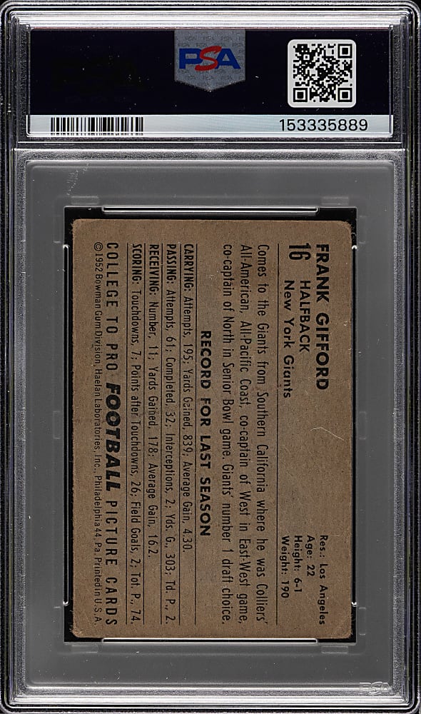 1952 Bowman Small Football #16 Frank Gifford Rookie PSA POOR 1