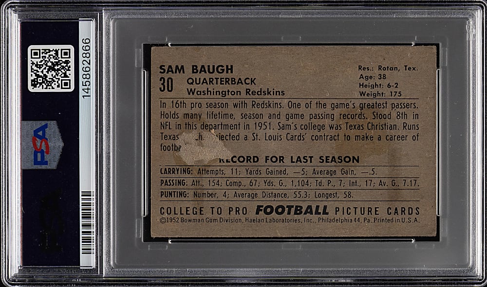 1952 Bowman Small Football #30 Sammy Baugh PSA FAIR 1.5