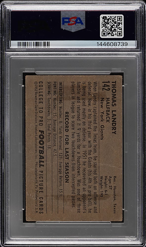 1952 Bowman Small Football #142 Tom Landry PSA GOOD 2
