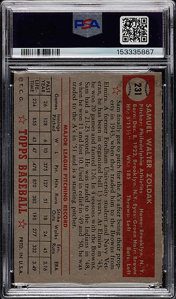 1952 Topps #231 Sam Zoldak PSA EX-MT 6