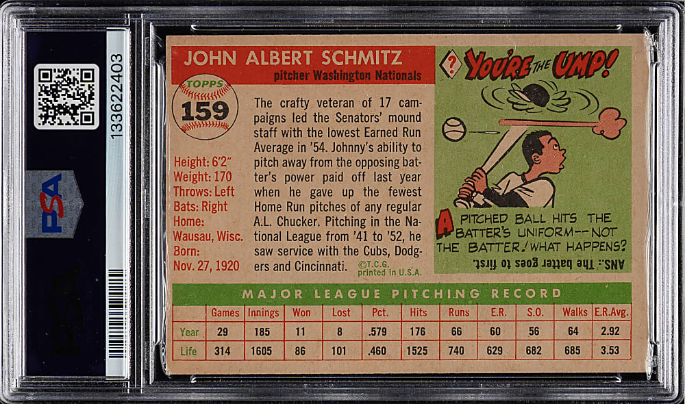 1955 Topps #159 Johnny Schmitz PSA NM-MT 8