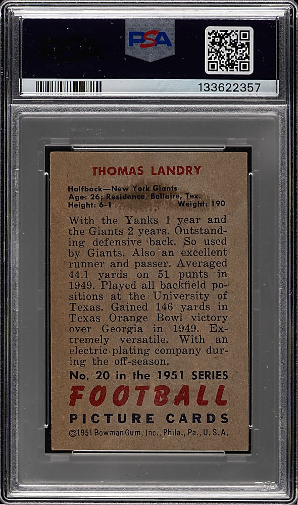 1951 Bowman Football #20 Tom Landry Rookie PSA GOOD 2